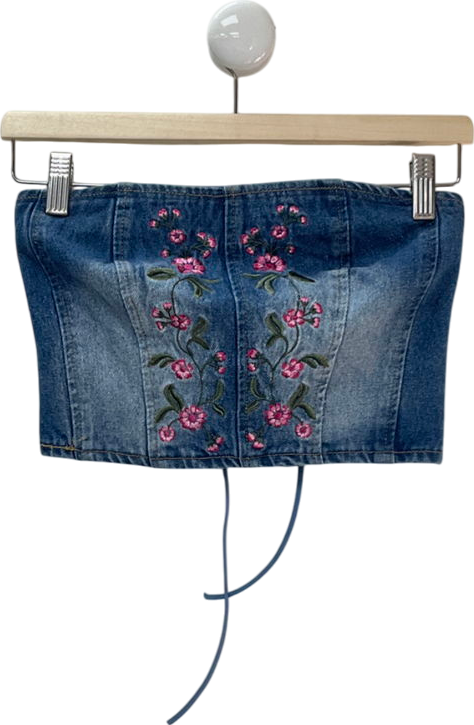 edikted Blue Denim Floral Corset Bandeau Top UK S