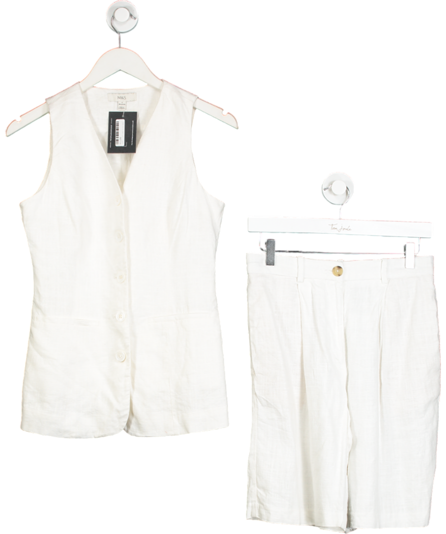M&S White Linen Blend 2-piece Shorts And Waistcoat Suit UK 8