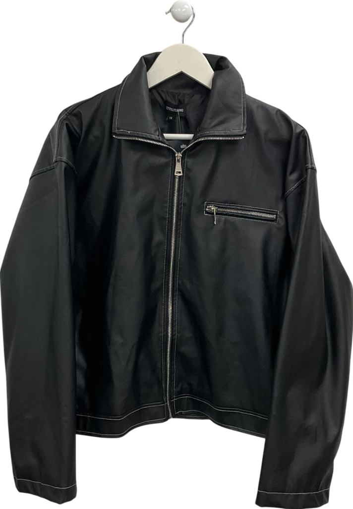 PrettyLittleThing Black Contrast Stitch Faux Leather Oversized Biker Jacket UK 14