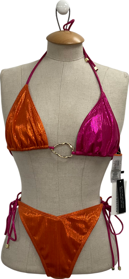 South Beach Orange X Jasmine Green Metallic Triangle Bikini UK 12