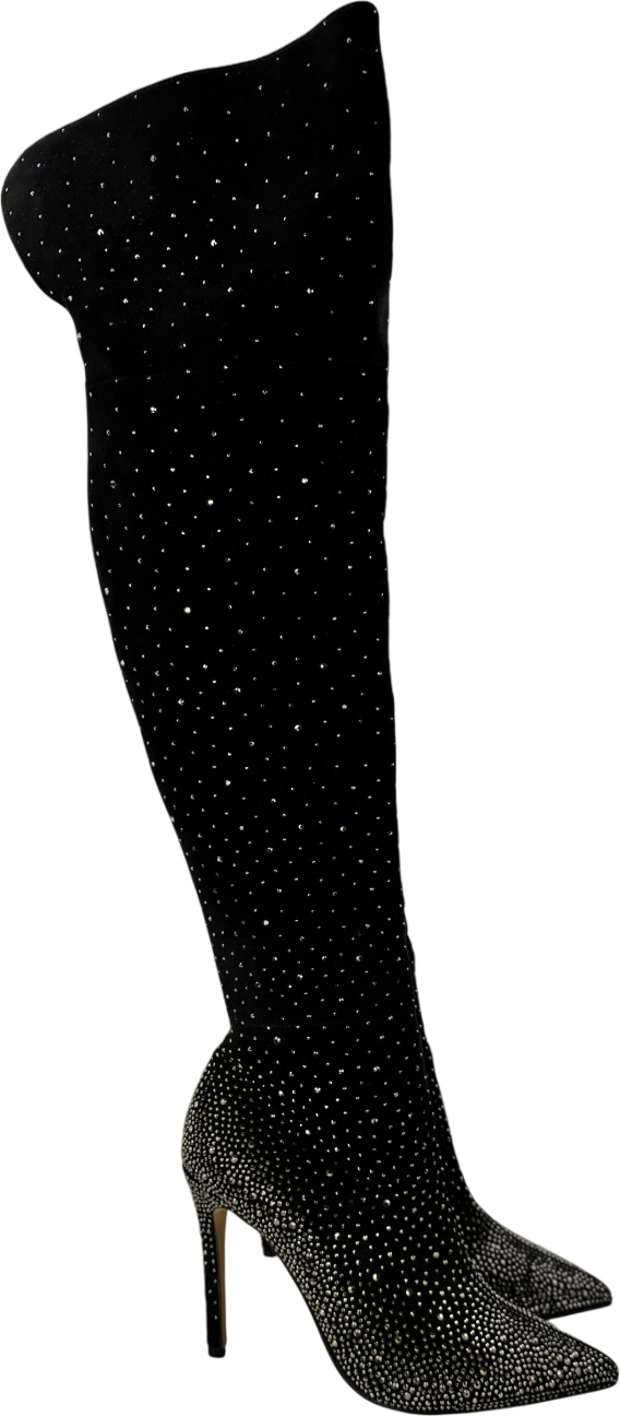 MODA IN PELLE Yesenia Black Suede Crystal Embellished Over The Knee Boots UK 6 EU 39 👠
