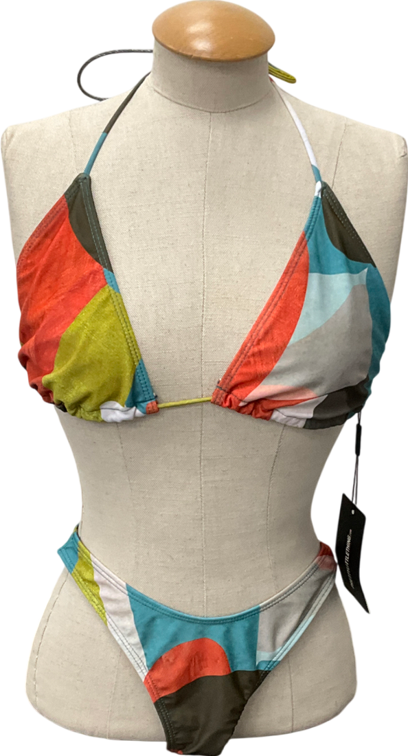 PrettyLittleThing Multicoloured Multi Abstract Printed Triangle Bikini Top & Bottoms UK 10