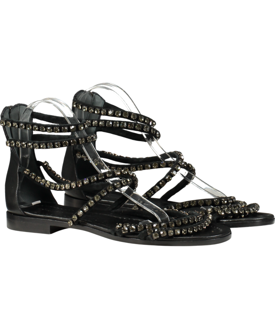 Ermano Scervino Black Leather Crystal Embellished Gladiator Sandals UK 7 EU 40 👠