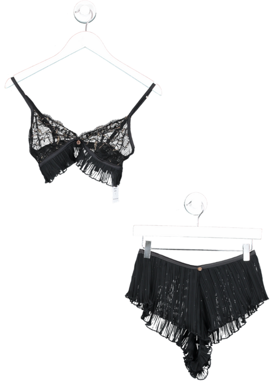 M&S Black Lace And Frill Bralette & French Knickers UK 6