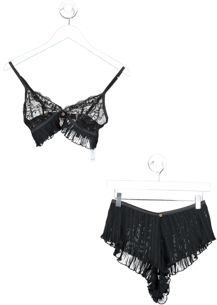 M&S Black Lace And Frill Bralette & French Knickers UK 6