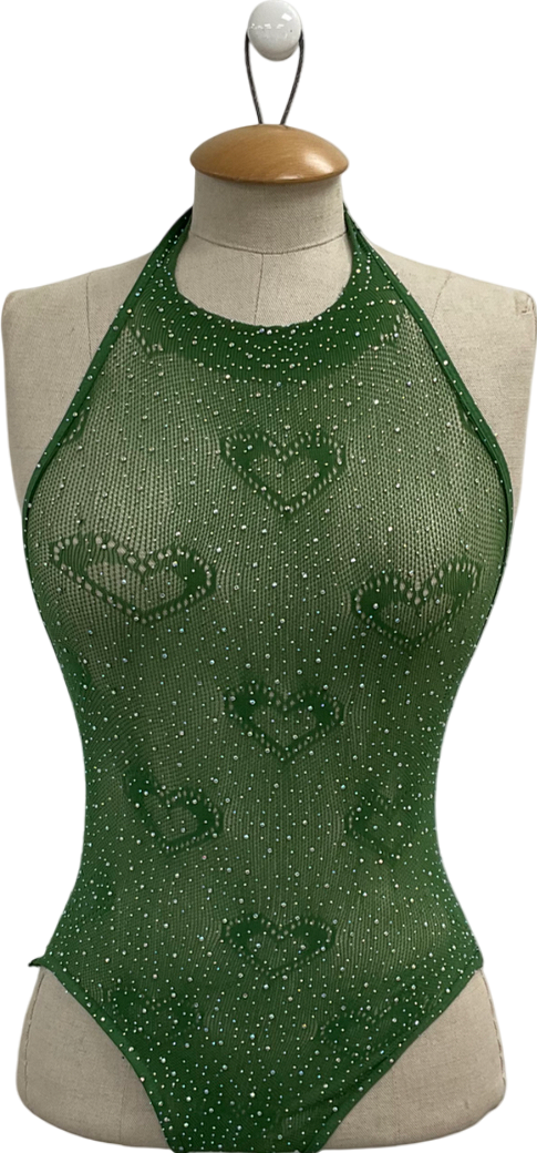 Ciberia Green Halterneck Heart Rhinestone Bodysuit One Size