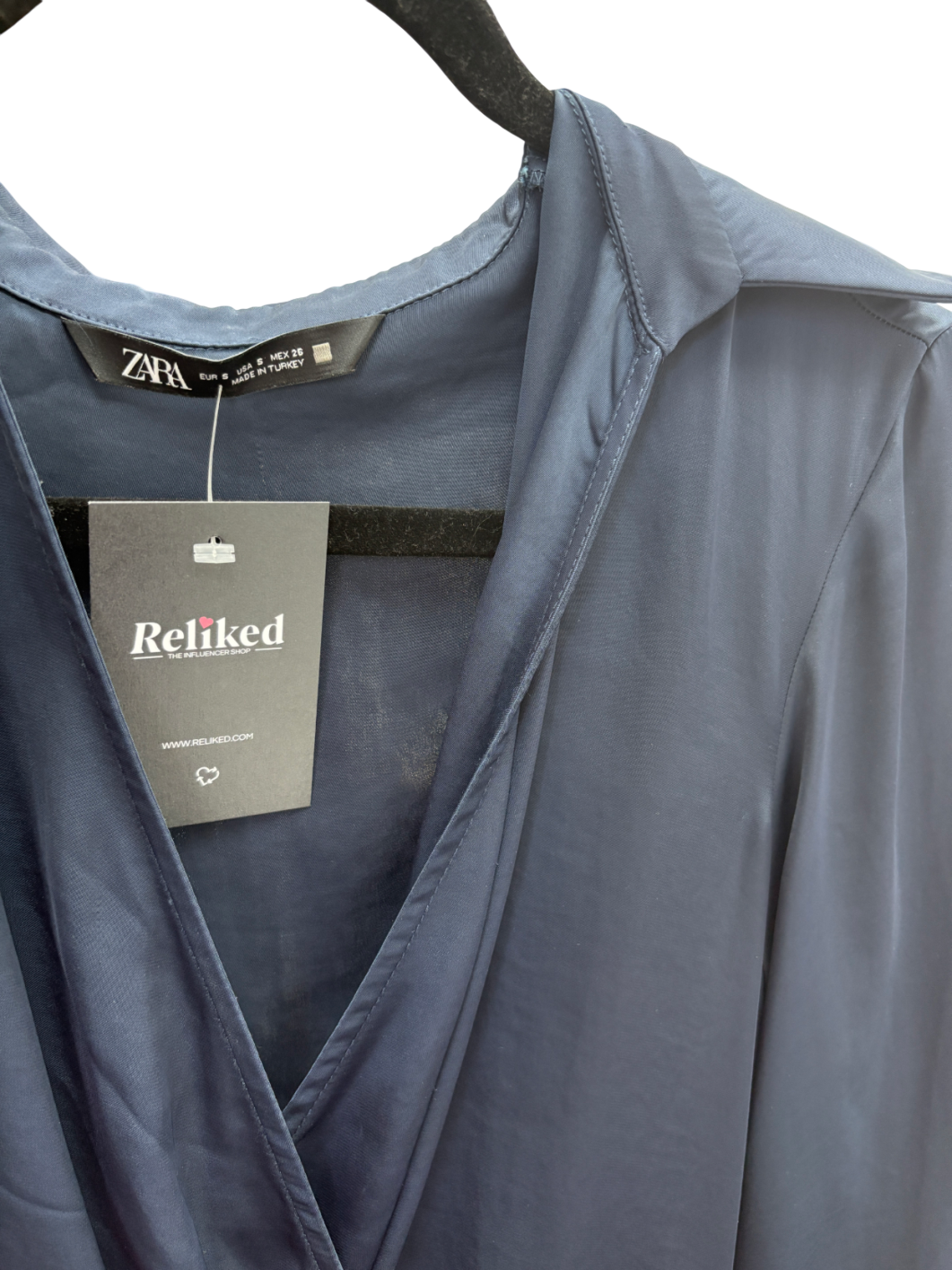 ZARA Blue Satin Long Sleeve Midi Dress UK S