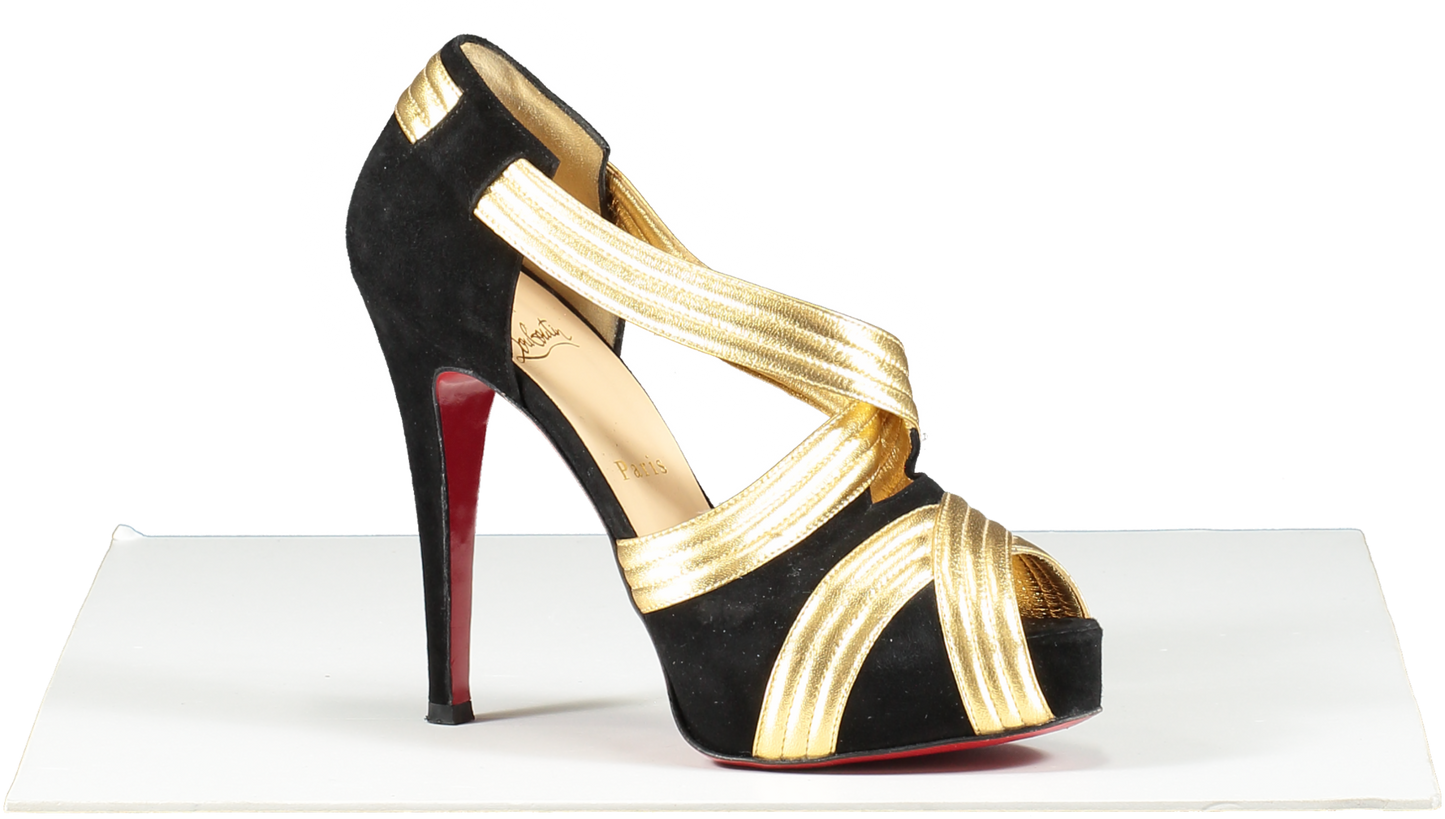 Christian Louboutin Black / Gold Suede And Leather Cross Front Platform Peep Toe Pumps UK 3.5 EU 36.5 👠