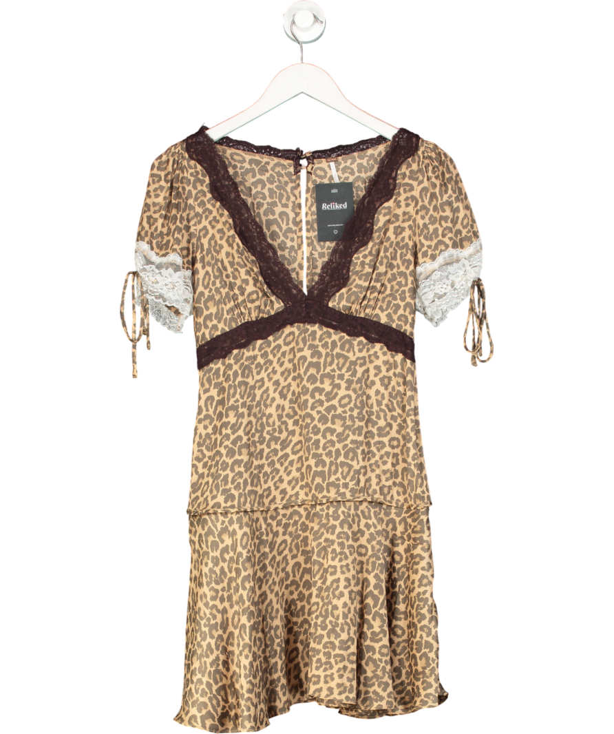 Free People Brown Leopard Dainty Lace Silky Jos Mini Slip Dress UK XS