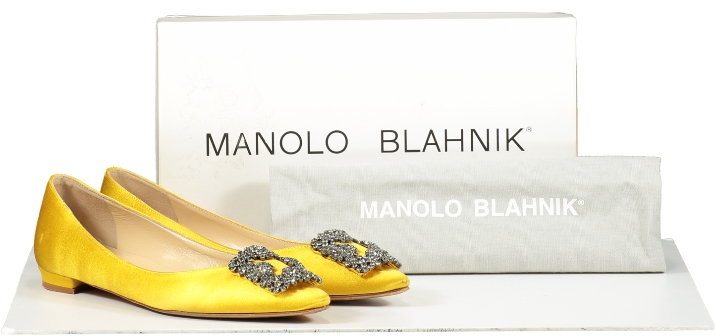 Manolo Blahnik Yellow Hangisi Embellished Satin Point-toe Flats UK 2.5 EU 35.5 👠