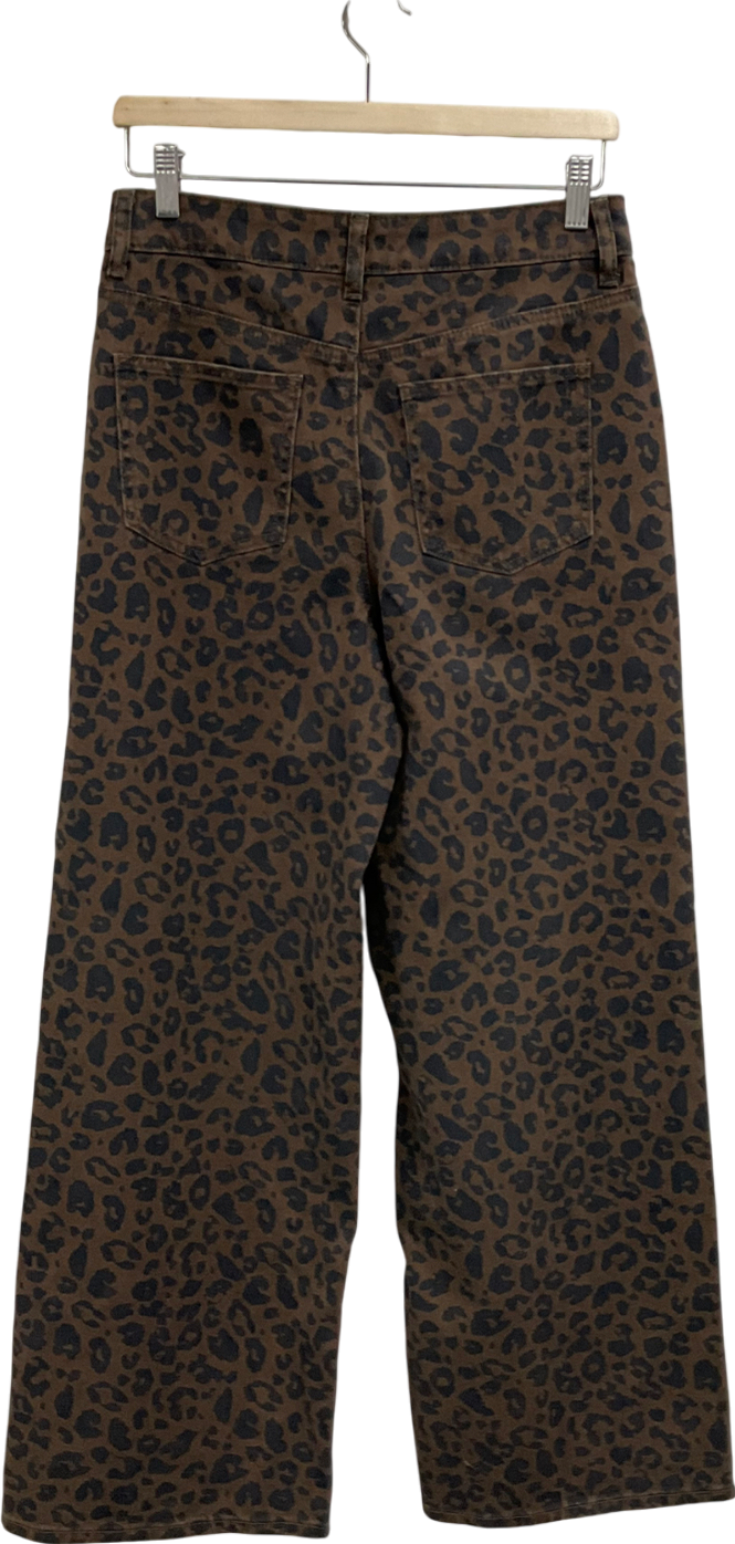 Next Brown Leopard Print Wide Leg 100% Cotton Jeans UK 8