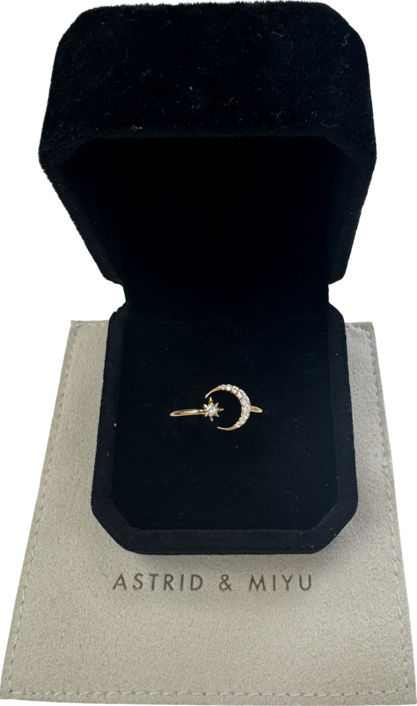 Astrid & Miyu Yellow 18k Gold Plated Silver Celestial Moon And Star Crystal Ring Sz O