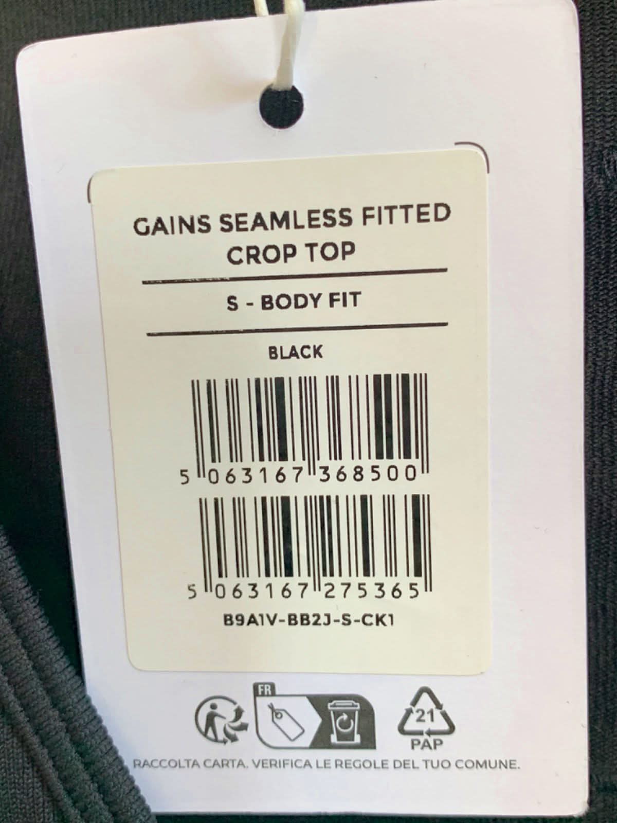 Gymshark Black Gains Seamless Fitted Crop Top S