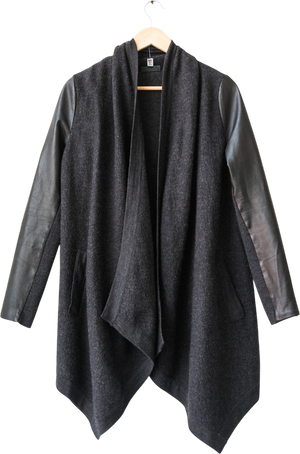 The White Company Charcoal Grey Wool Longline Cardigan With Leather Sleeve Detail UK 10
