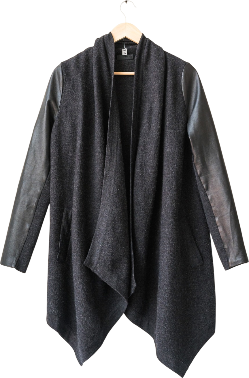 The White Company Charcoal Grey Wool Longline Cardigan With Leather Sleeve Detail UK 10