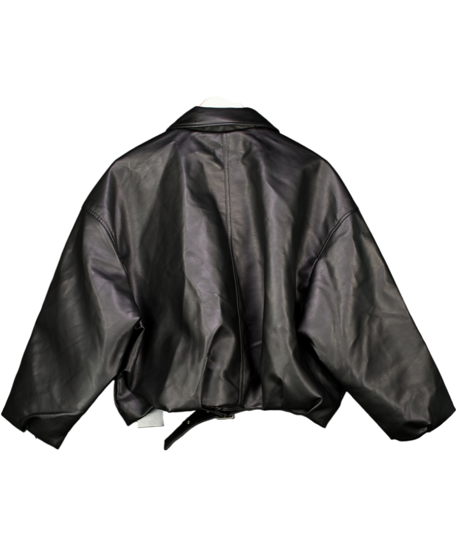 Pull&Bear Black Gather Hem Faux Leather Bomber Jacket UK S