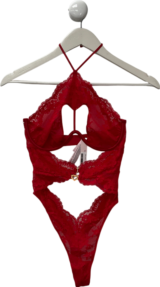 victoria secret Red Twinkle Lace Heart Cut Out Bodysuit UK XS