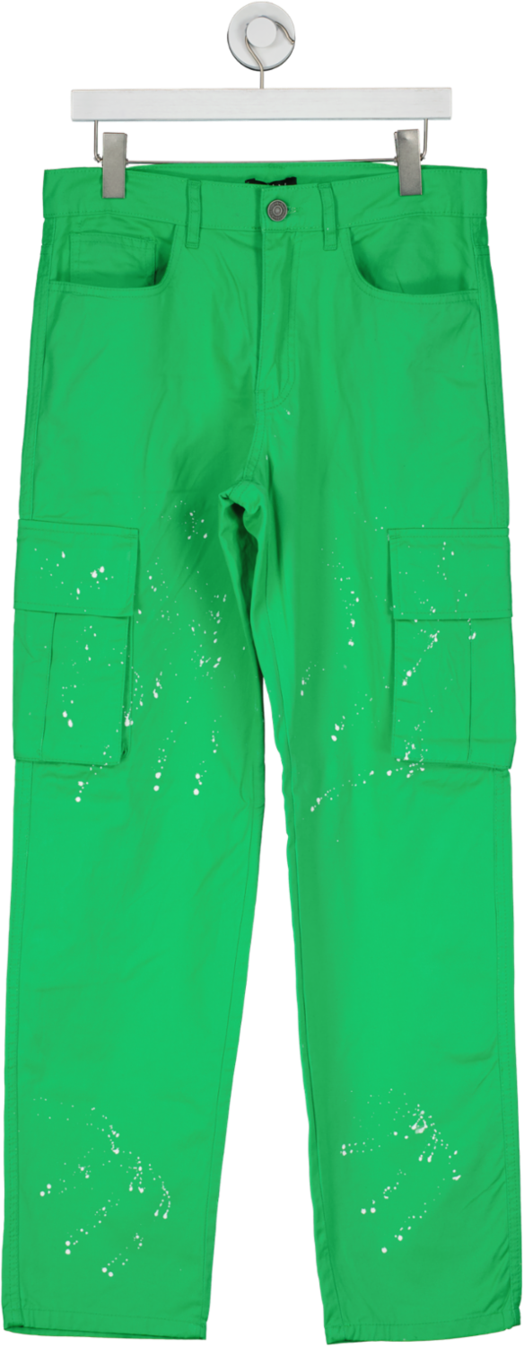 boohooMan Green Relaxed Paint Splatter Cargo Trouser W32