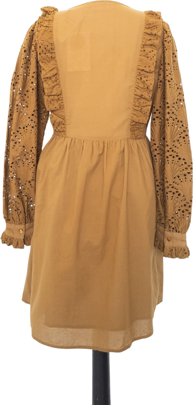 ATELIER REVE Brown 100% Cotton Long Sleeve Broderie Trim Dress Fr36 UK 8