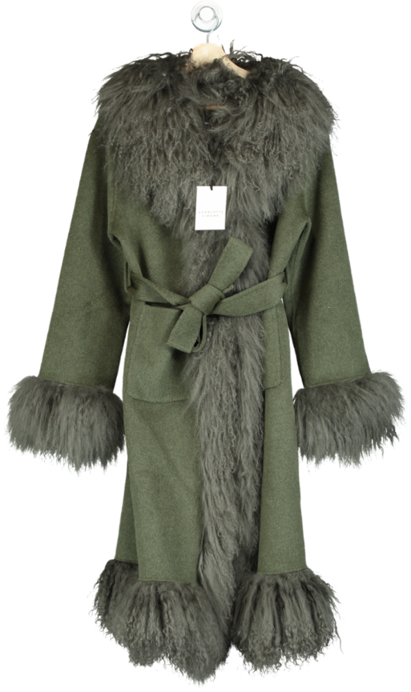Charlotte Simone Green Harlow Khaki Flecked Wool Mongolian Lambswool Long-line Coat UK M