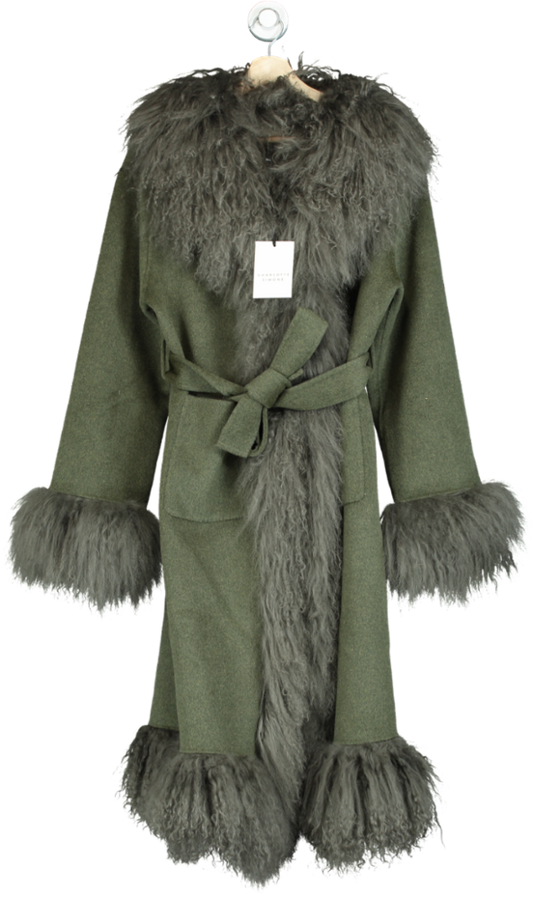 Charlotte Simone Green Harlow Khaki Flecked Wool Mongolian Lambswool Long-line Coat UK M