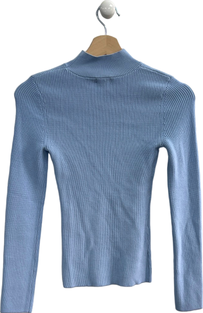 Karen Millen Pale Blue Half Cardigan Rib Compact Knit Funnel Neck Jumper XS