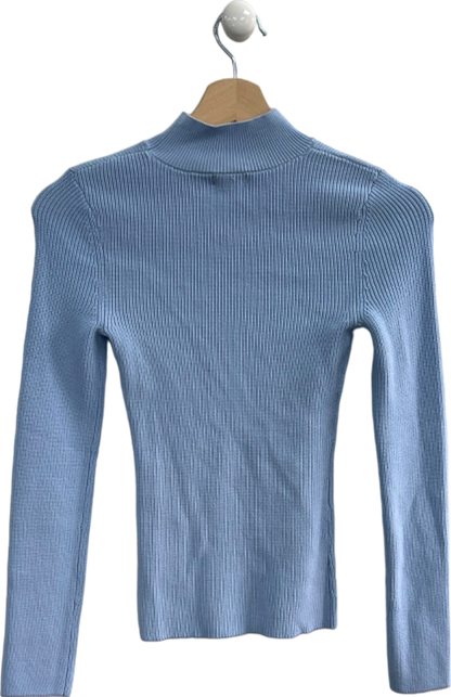 Karen Millen Pale Blue Half Cardigan Rib Compact Knit Funnel Neck Jumper XS