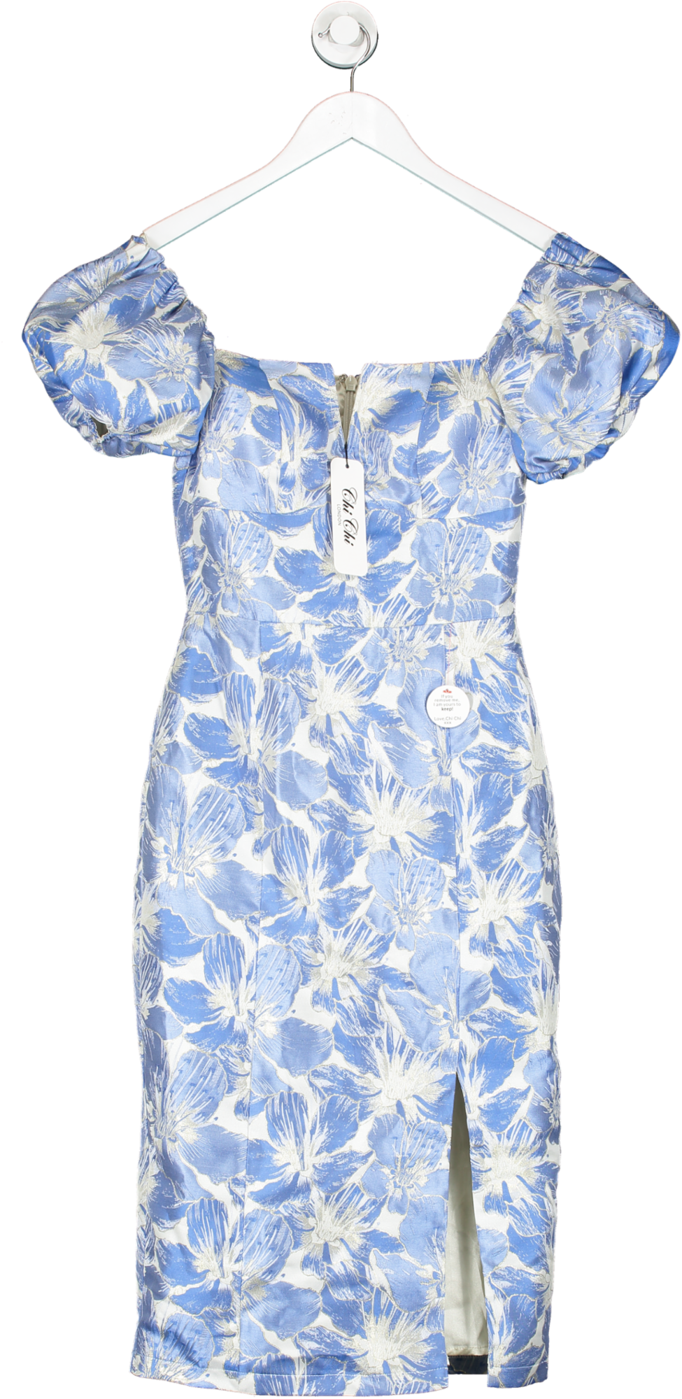 Chi Chi London Blue Short Puff Sleeve Jacquard Midi Dress UK 6