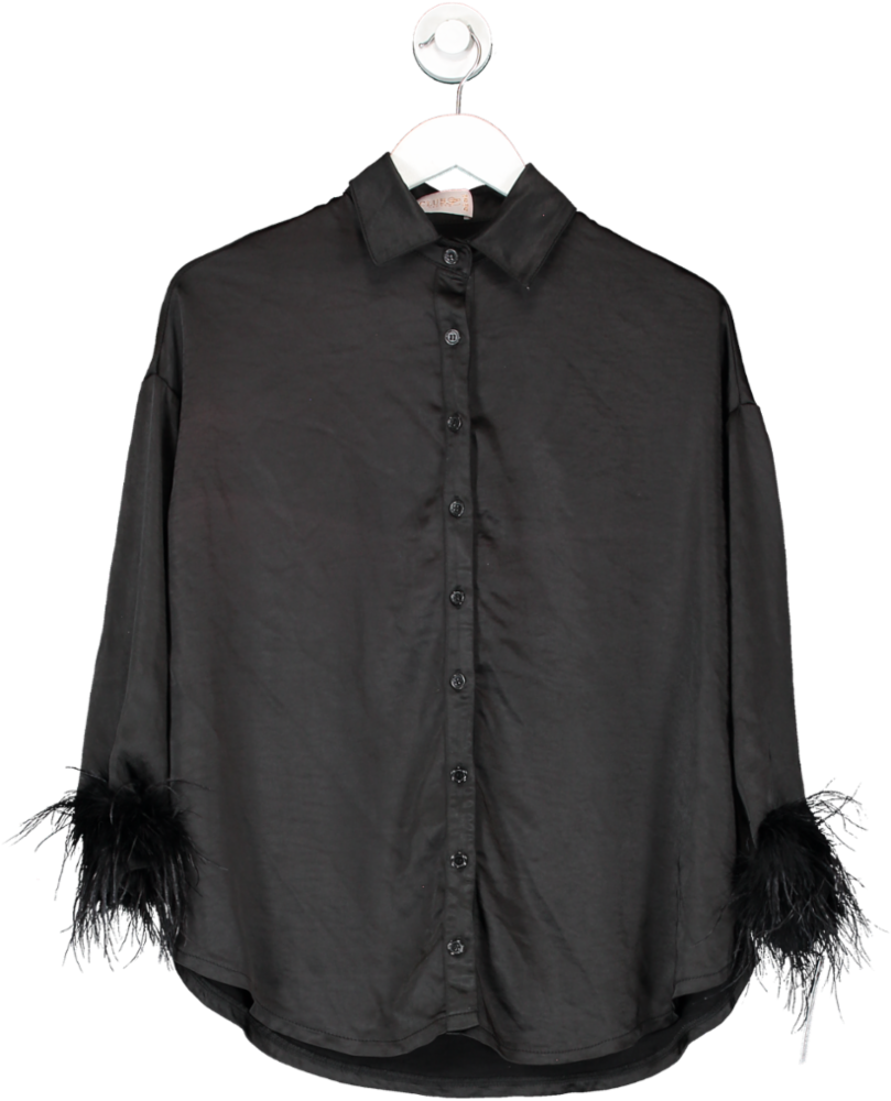 Club L Black Feather Trimmed Satin Shirt UK 8