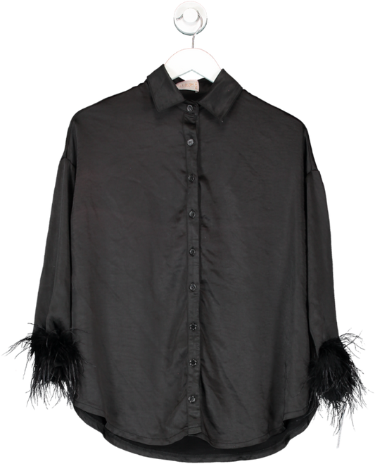 Club L Black Feather Trimmed Satin Shirt UK 8