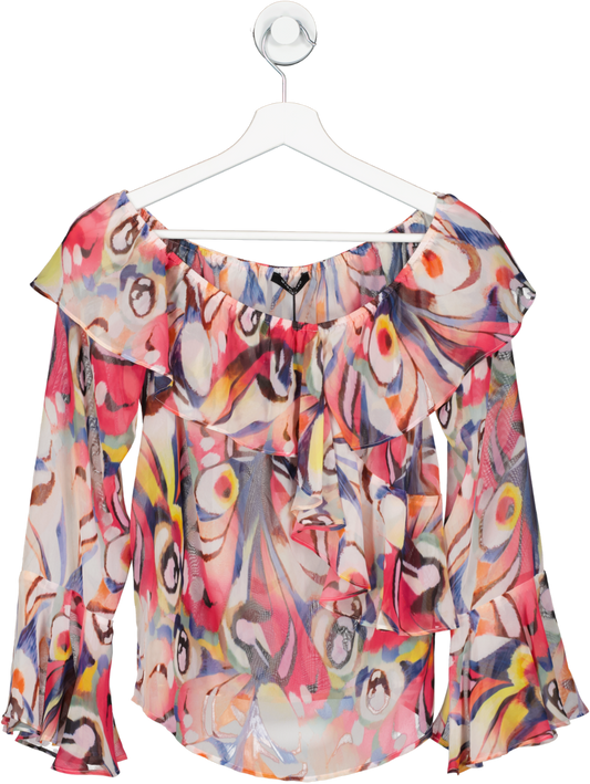 Marciano By Guess Pink All Over Print Sheer Trumpet Sleeve Top UK S