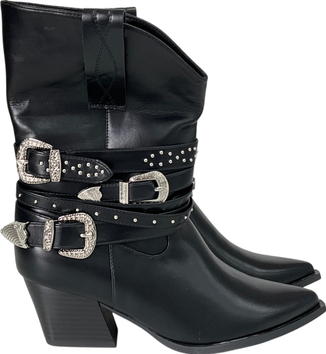 Nasty Gal Black Buckle Strap Ankle Western Boot UK 7 EU 40 👠
