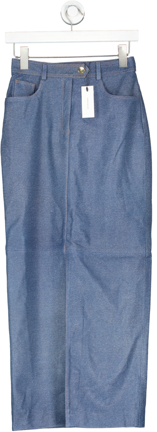 Karen Millen Blue Leather Denim Print Maxi Skirt UK 6