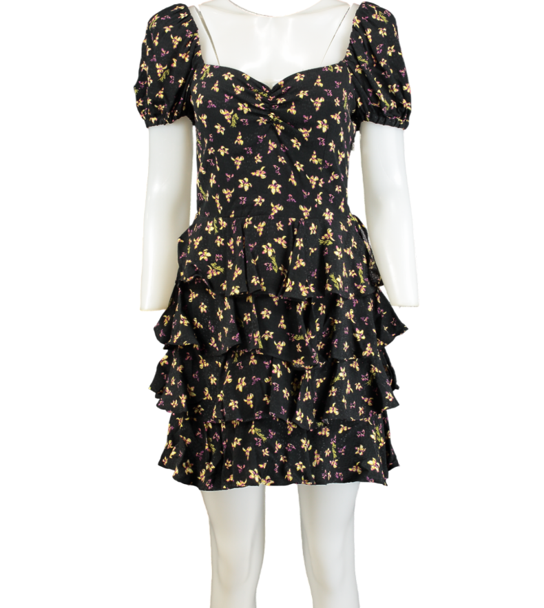 ROTATE Black Rubina Tiered Floral-print Jacquard Mini Dress Eu36 UK 8
