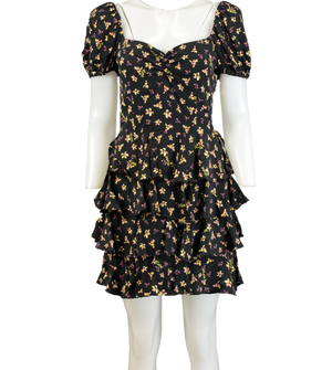 ROTATE Black Rubina Tiered Floral-print Jacquard Mini Dress Eu36 UK 8