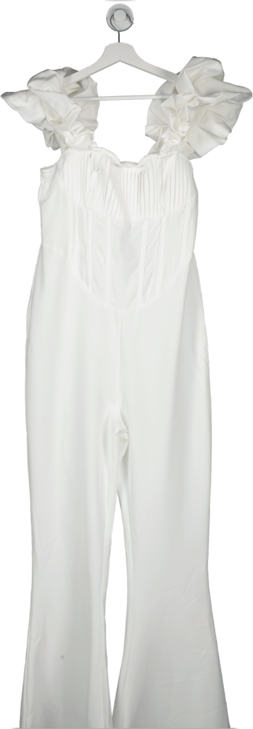 PrettyLittleThing White Woven Pleated Corset Detail Bardot Frill Jumpsuit UK 16