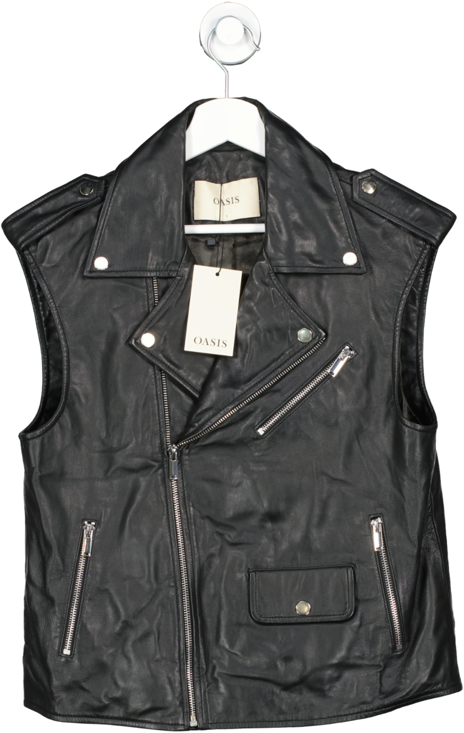Oasis Black Sleeveless Real Leather Biker Jacket UK L