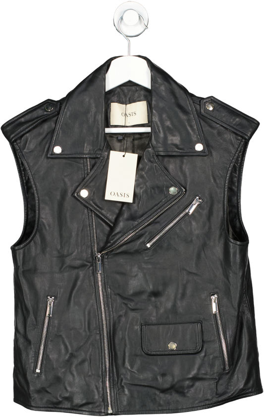 Oasis Black Sleeveless Real Leather Biker Jacket UK L
