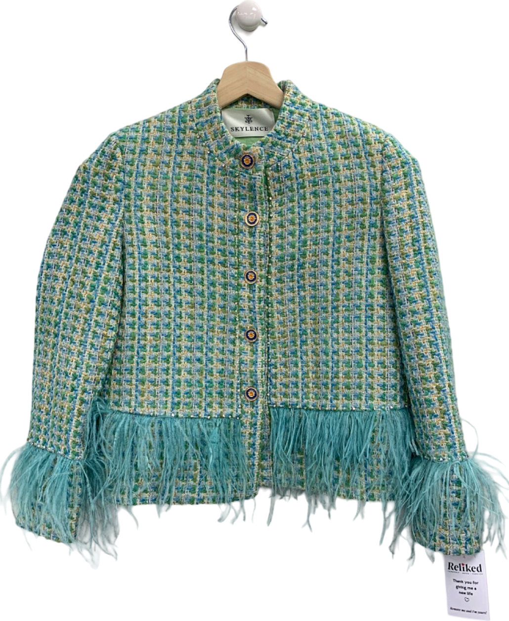 Skylence Multi-coloured Tweed Feather Trim Jacket UK S