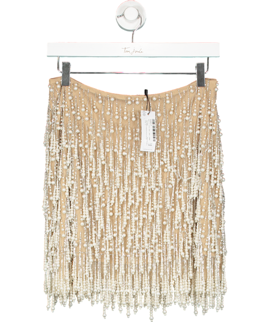 Karen Millen Beige Pearl Tassel Embellished Woven Mini Skirt UK 6