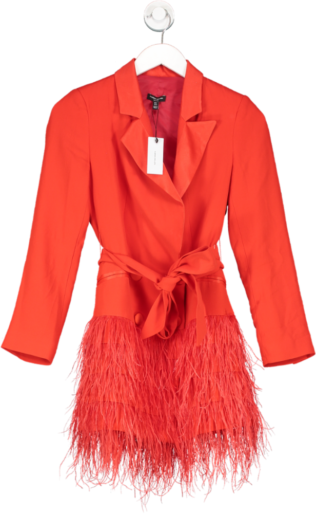 Karen Millen Red Petite Viscose Satin Crepe Feather Hem Double Breasted Tux Tailored Mini Dress UK 4