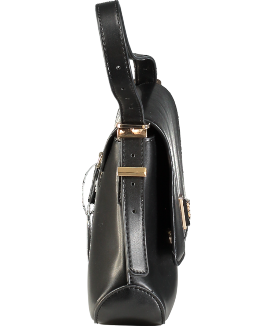 Guess Black Smooth Leather Logo Plaque Shoulder Flap Bag One Size