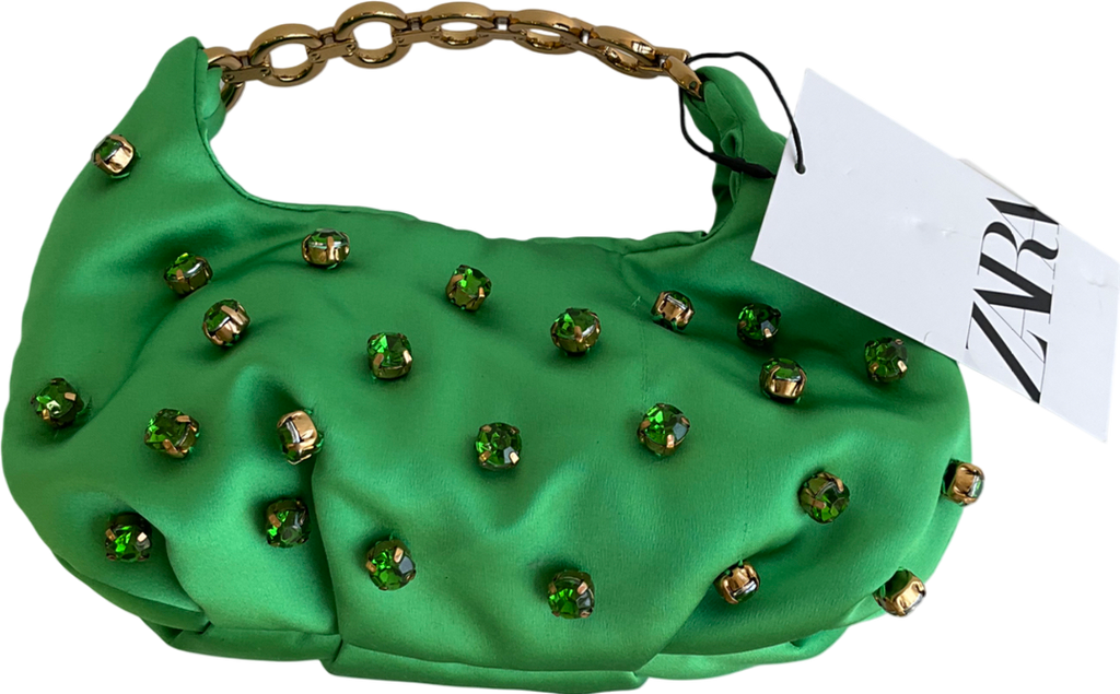 ZARA Green Satin Embellished Bag With Chain Handle One Size