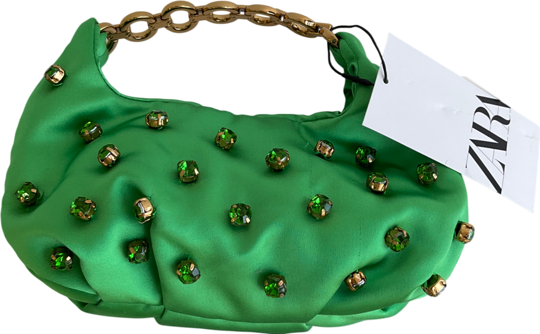 ZARA Green Satin Embellished Bag With Chain Handle One Size