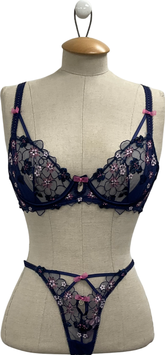 boux avenue Blue Karina Balconette Bra & Karina Tanga G-string Thong UK 34B