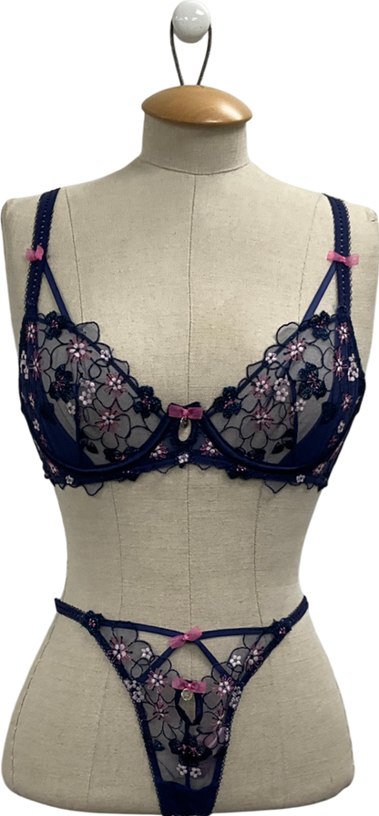 boux avenue Blue Karina Balconette Bra & Karina Tanga G-string Thong UK 34B