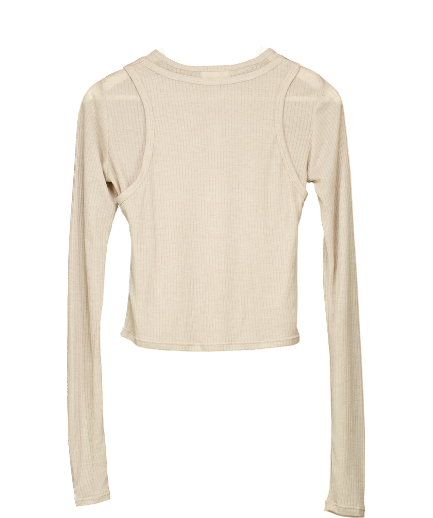 Adanola Beige Lightweight Rib Layered Tee UK S