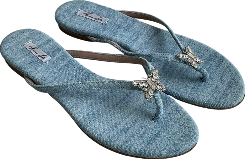 Aruna Seth Blue Farfalla Crystal Butterfly Denim Flip Flop UK 6 EU 39 👠