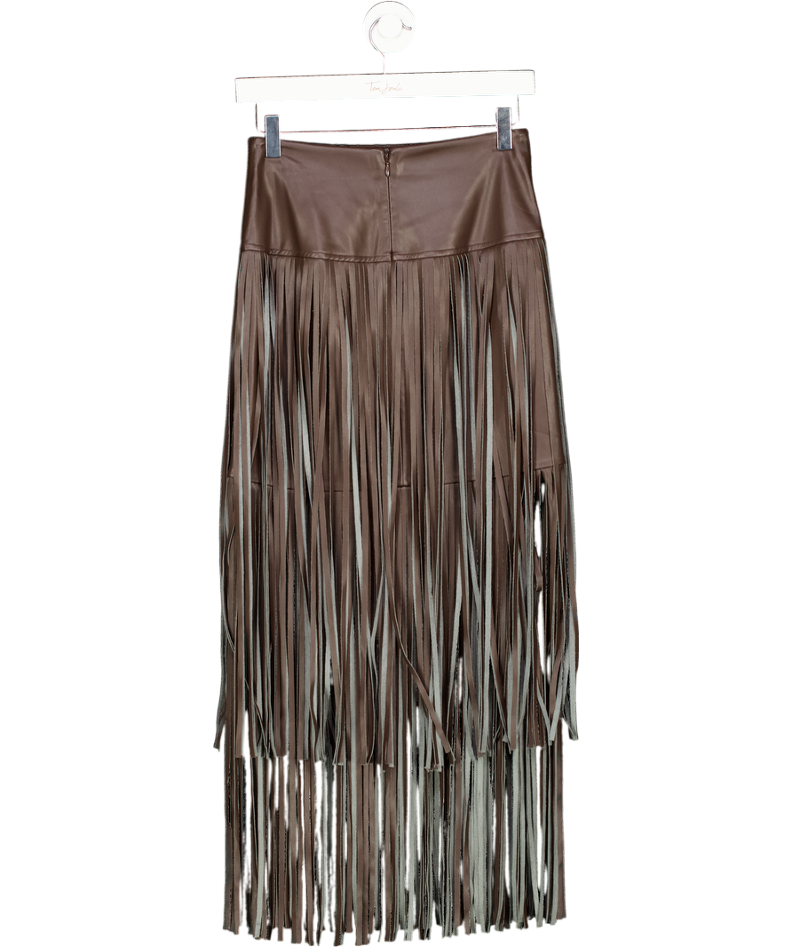 L'agence Karolina Vegan Leather Fringe Skirt In Brown Coffeee Bean UK 4