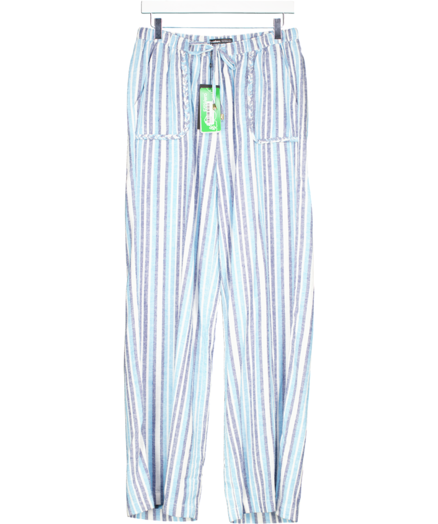Threadbare Blue Oyu Stripe Linen Wide Leg Trousers UK 12